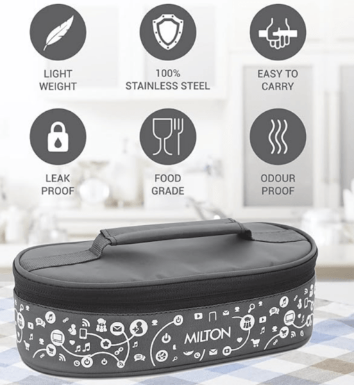 Milton Lifestyle Lunch Stainless Steel Lunch Box, Set of 2, (300 ml Each), Grey | Light Weight | Easy to Carry | Leak Proof | Food Grade | Odour Proof - Image 2